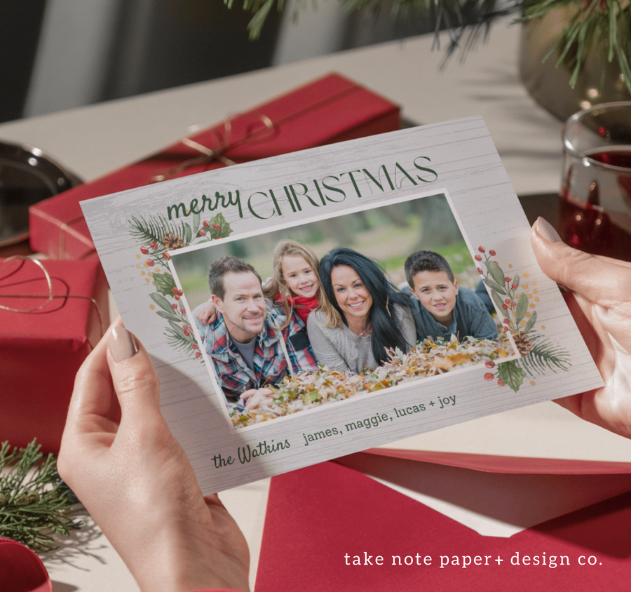 Wooden Watercolor Frame Christmas Card Template for Canva - TNPC148