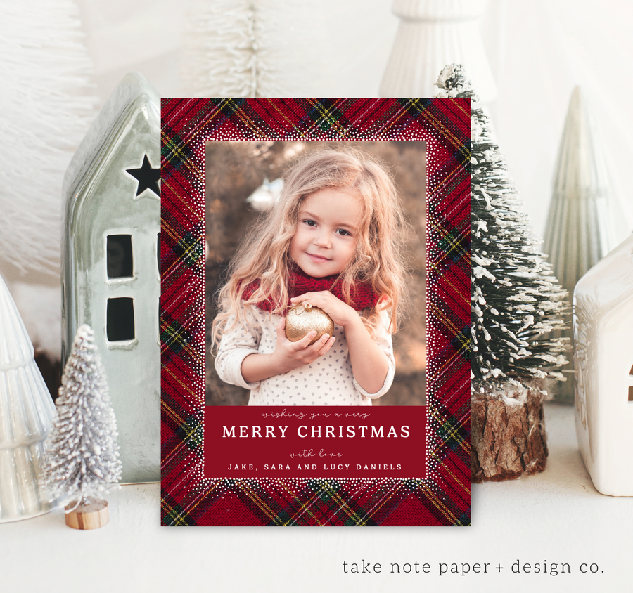 Elegant Sprinkle Overlay Plaid Christmas Card Duo Template for Canva - TNPC146