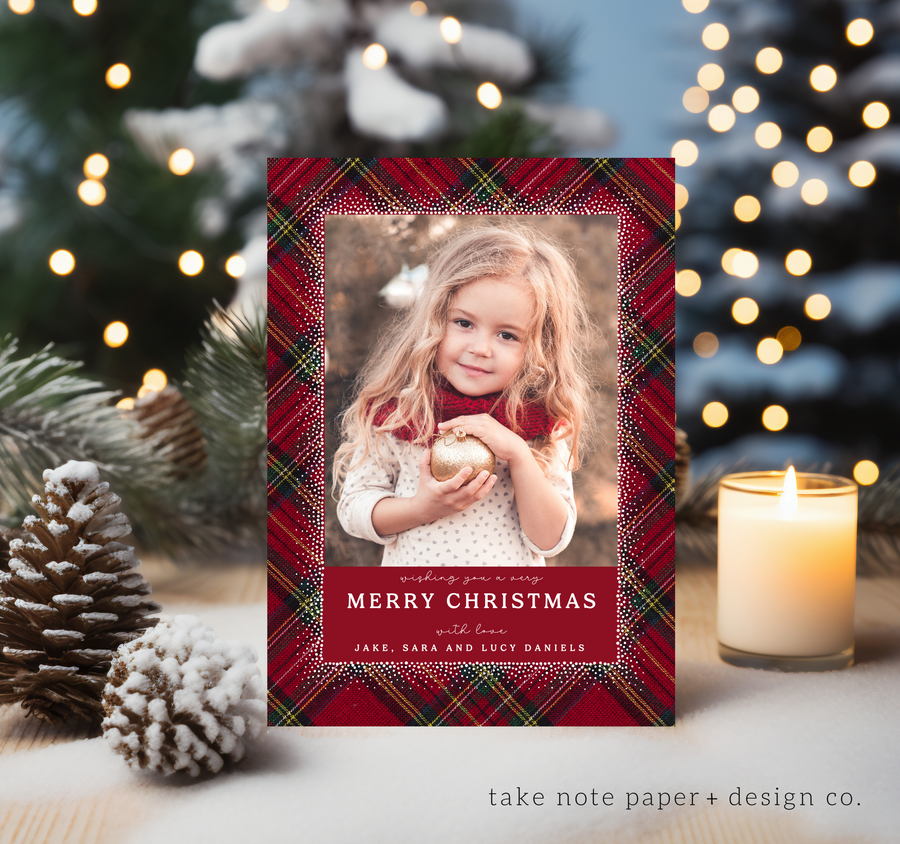 Elegant Sprinkle Overlay Plaid Christmas Card Duo Template for Canva - TNPC146