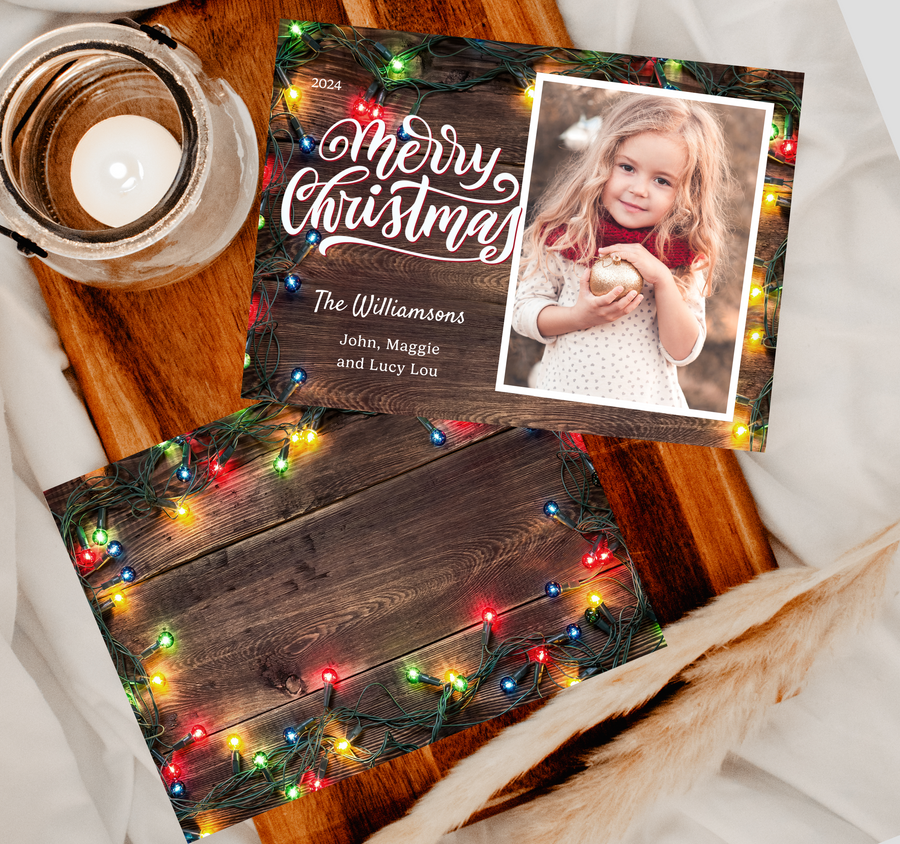 Rustic Christmas Lights Casual Christmas Card Duo Template - TNPC147