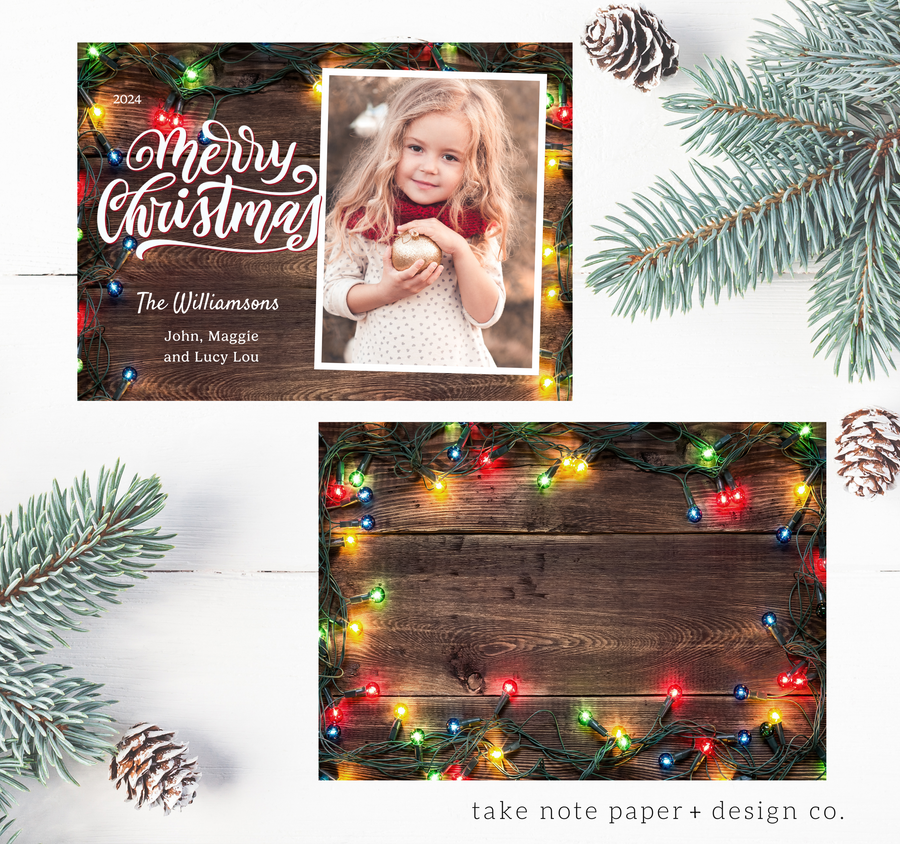 Rustic Christmas Lights Casual Christmas Card Duo Template - TNPC147