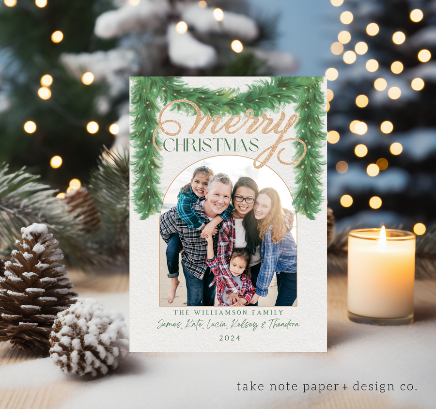 Watercolor Garland Arch Christmas Card Template for Canva - TNPC151