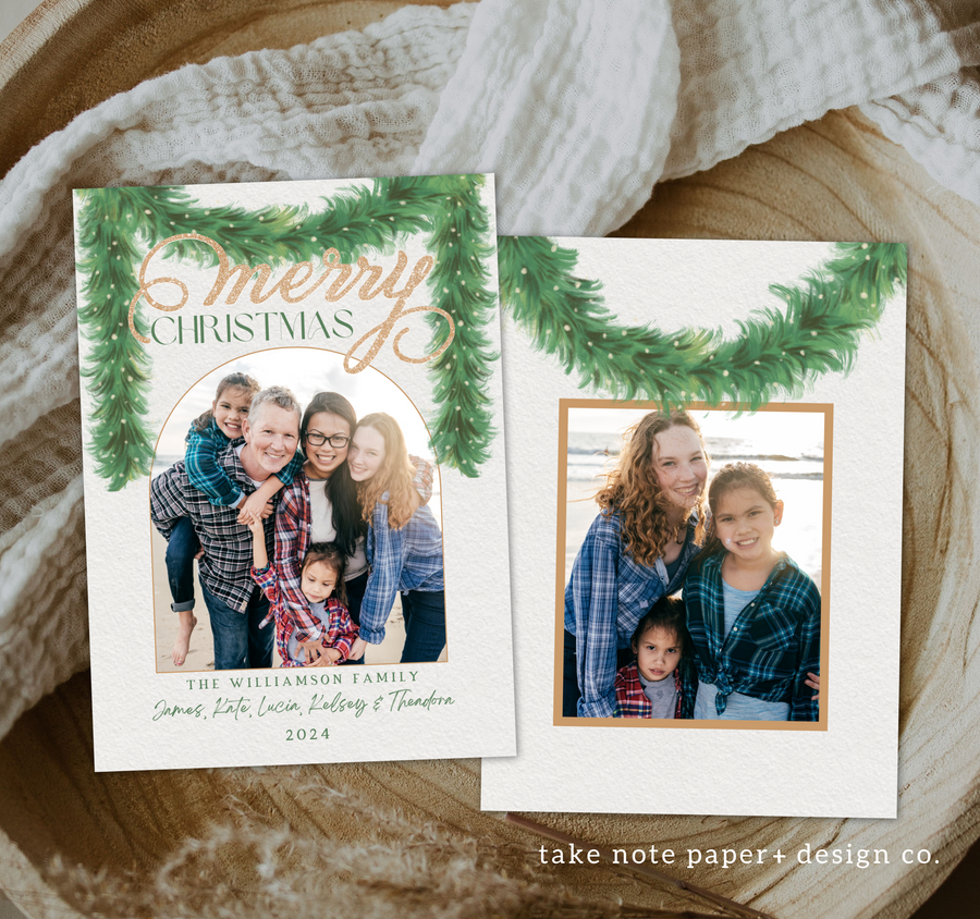 Watercolor Garland Arch Christmas Card Template for Canva - TNPC151