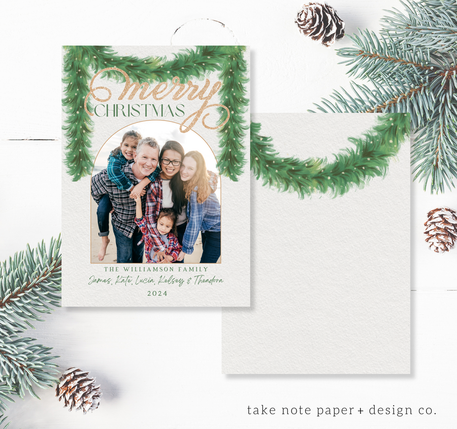 Watercolor Garland Arch Christmas Card Template for Canva - TNPC151