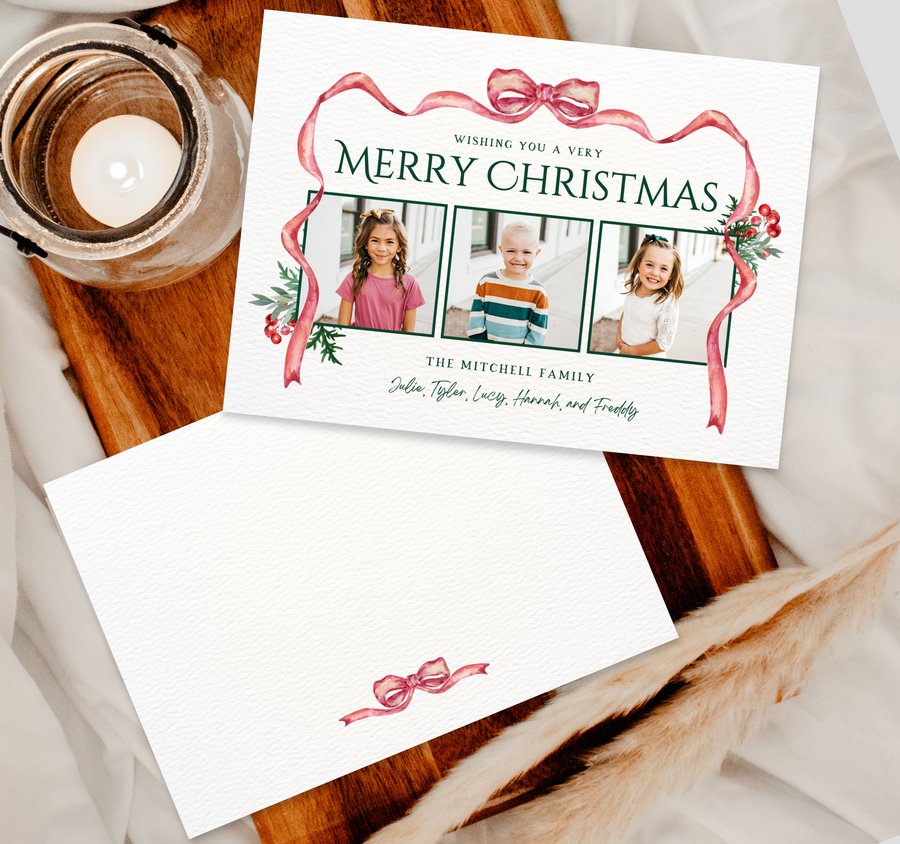 Watercolor Bow Trio Christmas Card Template - TNPC156