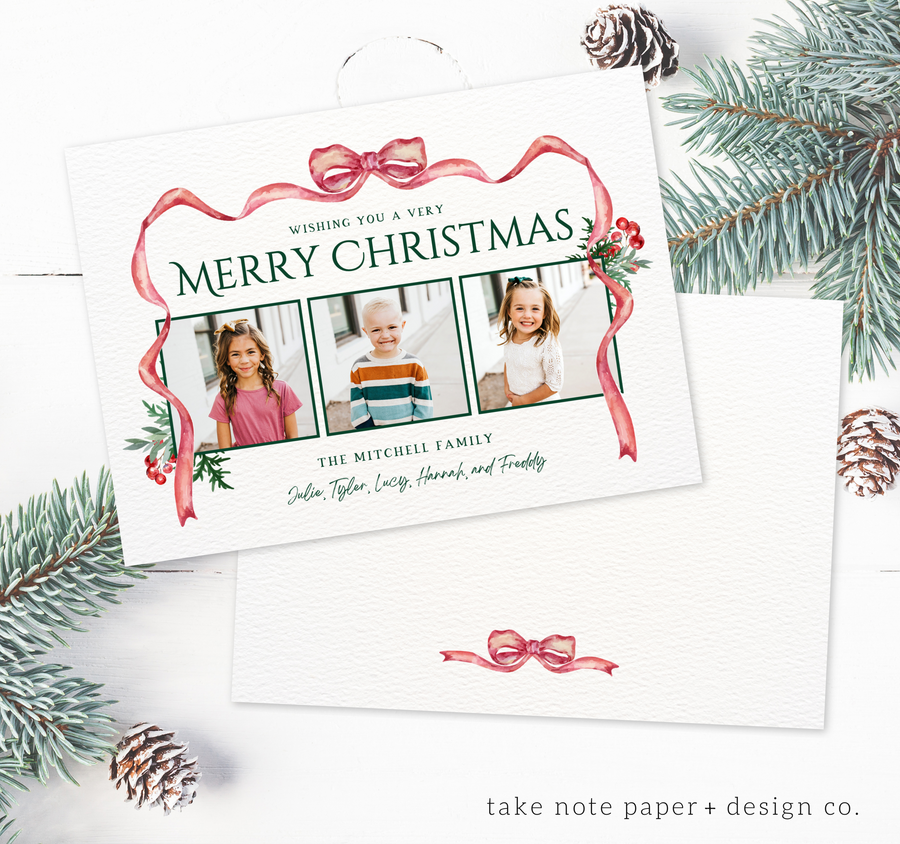 Watercolor Bow Trio Christmas Card Template - TNPC156