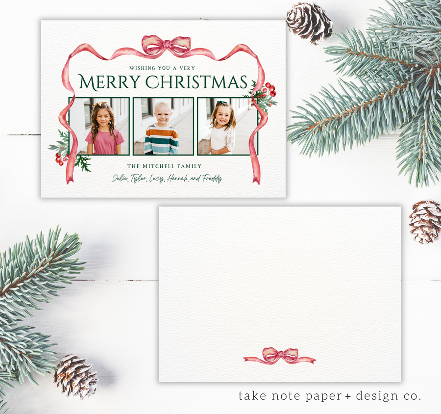 Watercolor Bow Trio Christmas Card Template - TNPC156