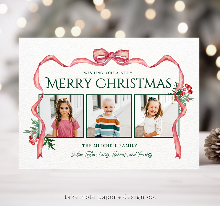 Watercolor Bow Trio Christmas Card Template - TNPC156