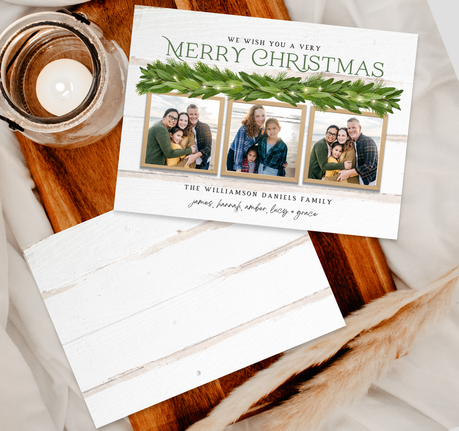 Mantle Garland Lights Rustic Christmas Card Template - TNPC158