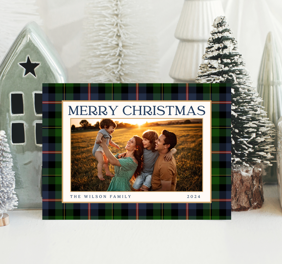 Navy Christmas Plaid Traditional Holiday Card Template for Canva - TNPC161