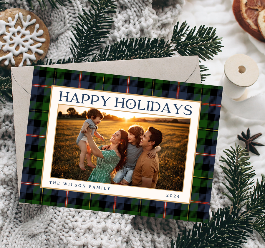 Navy Christmas Plaid Traditional Holiday Card Template for Canva - TNPC161