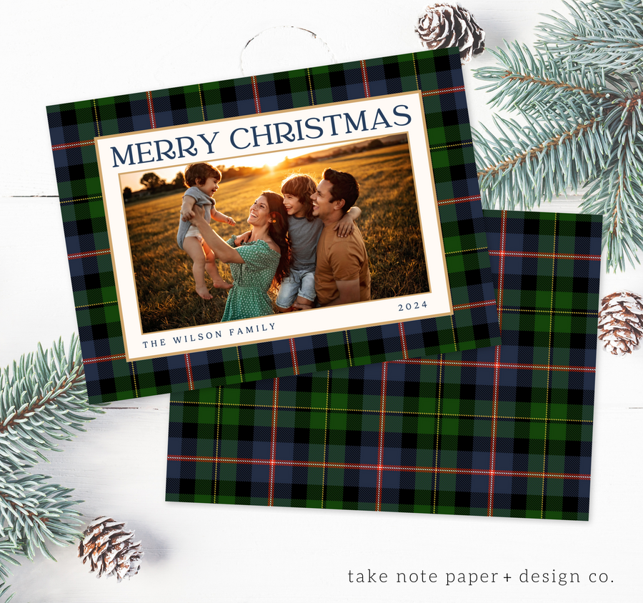 Navy Christmas Plaid Traditional Holiday Card Template for Canva - TNPC161