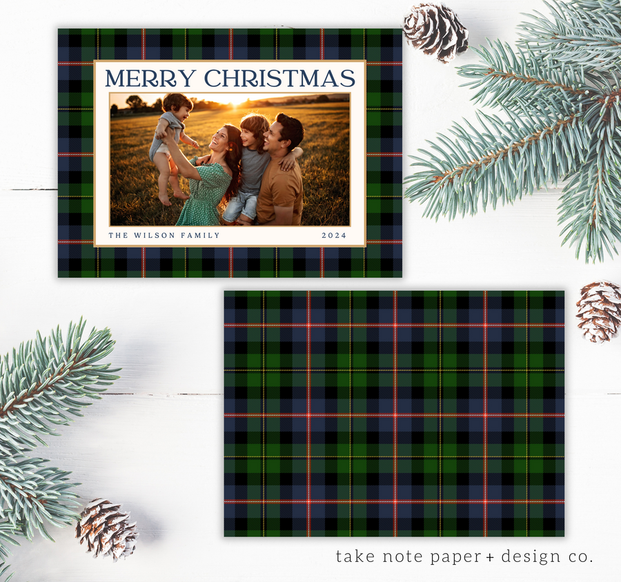 Navy Christmas Plaid Traditional Holiday Card Template for Canva - TNPC161