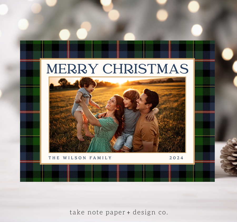 Navy Christmas Plaid Traditional Holiday Card Template for Canva - TNPC161