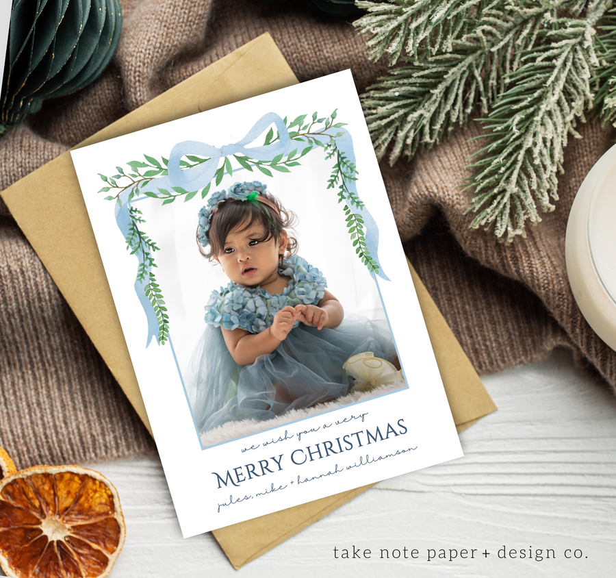 Watercolor Preppy Bow Christmas Card Template - TNPC164