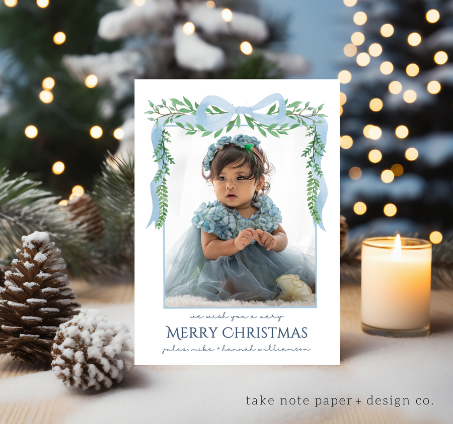 Watercolor Preppy Bow Christmas Card Template - TNPC164