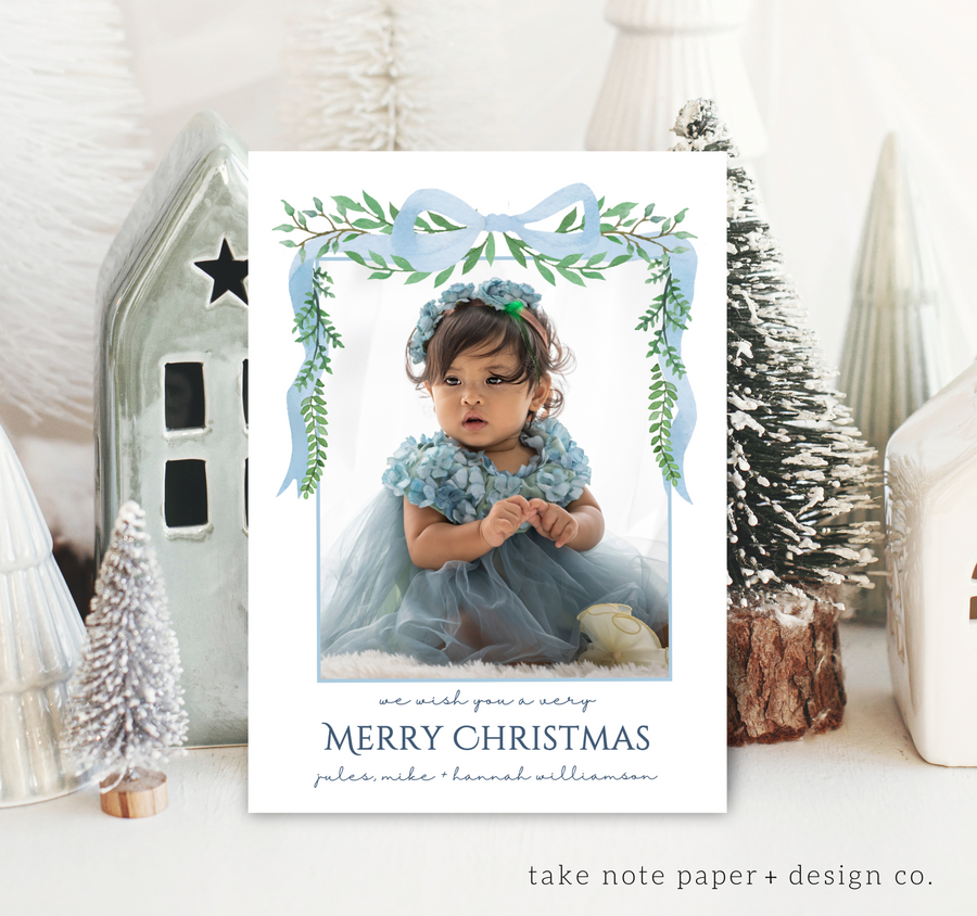 Watercolor Preppy Bow Christmas Card Template - TNPC164