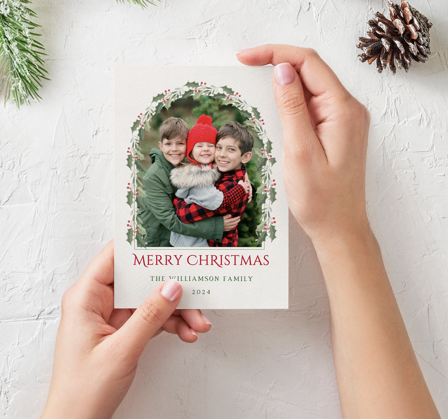 Holly Watercolor Frame Christmas Card Template - TNPC166