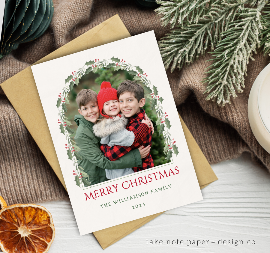 Holly Watercolor Frame Christmas Card Template - TNPC166