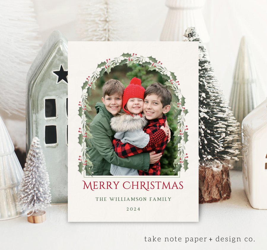 Holly Watercolor Frame Christmas Card Template - TNPC166