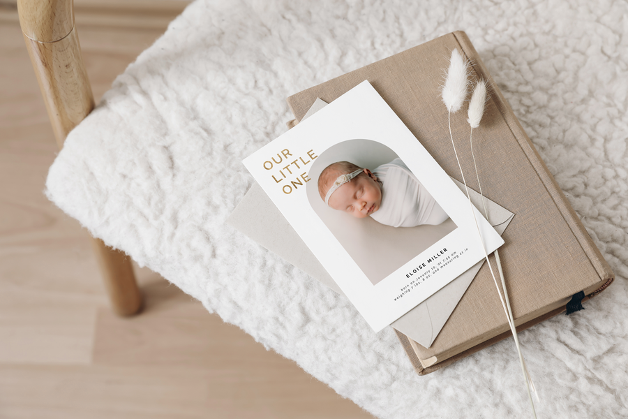 Birth Announcement Card with Arch Photo Frame Template for Canva - NG35