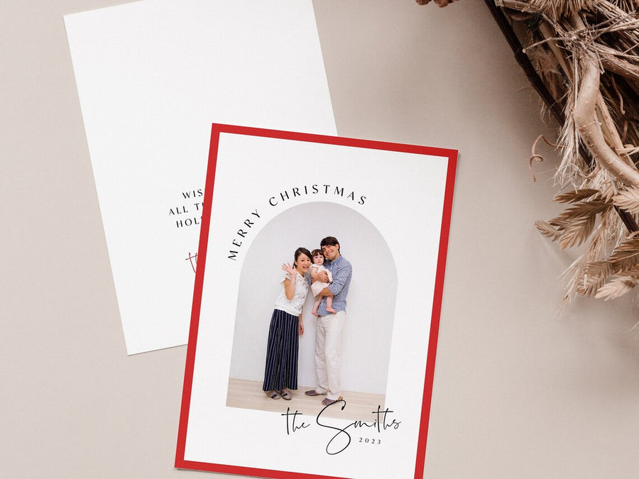 Classic Red Border Arch Photo Christmas Card Template for Canva - NG26