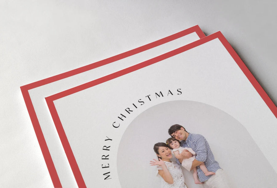 Classic Red Border Arch Photo Christmas Card Template for Canva - NG26