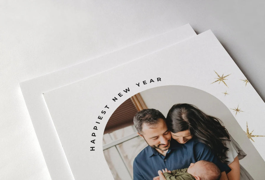 New Year Photo Family Card with Gold Stars Template for Canva - NG33