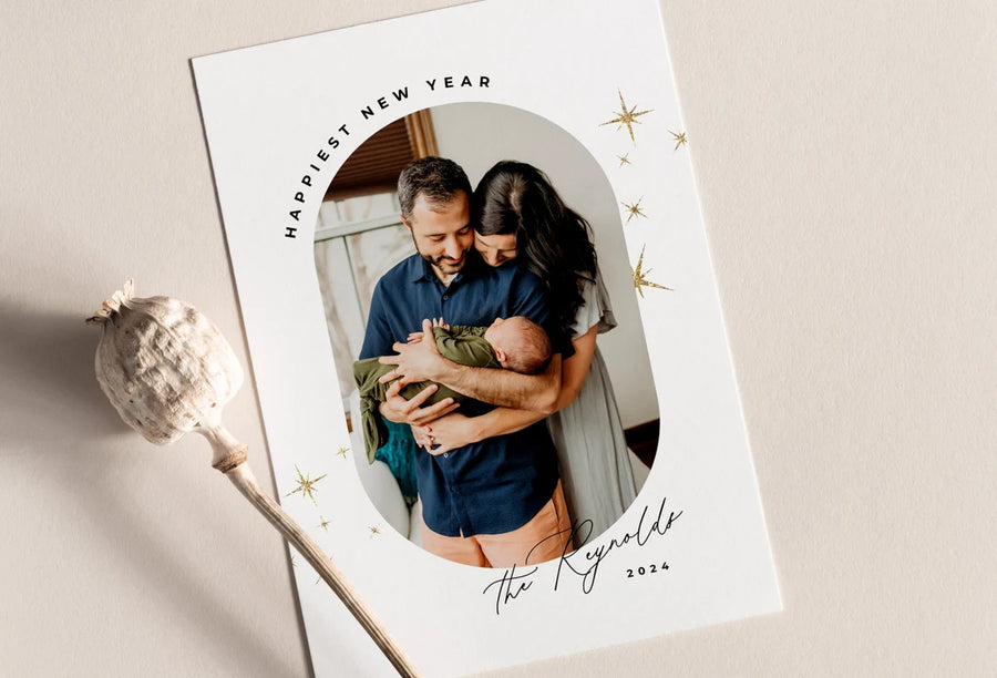 New Year Photo Family Card with Gold Stars Template for Canva - NG33